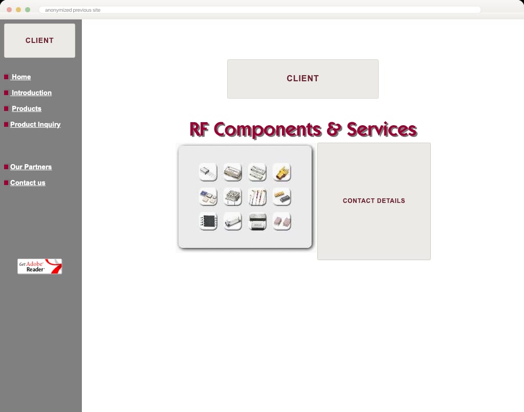 Anonymized previous-site interior homepage with sidebar navigation and product collage