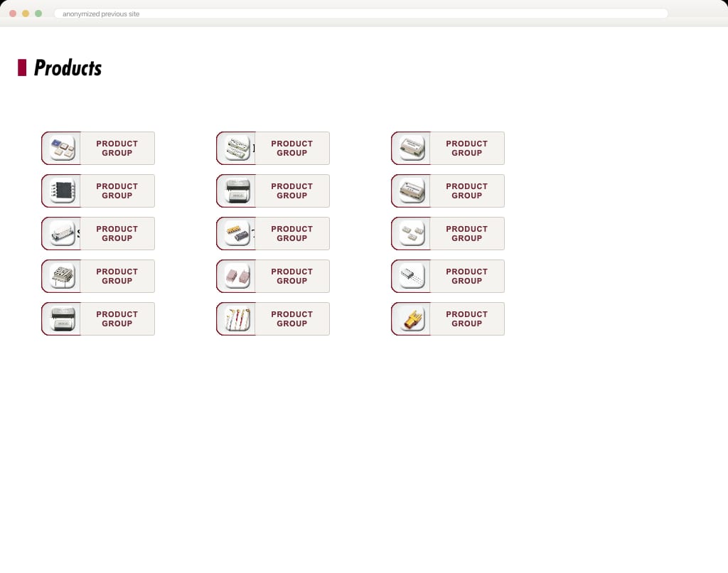 Anonymized previous desktop products page with a dense grid of image buttons