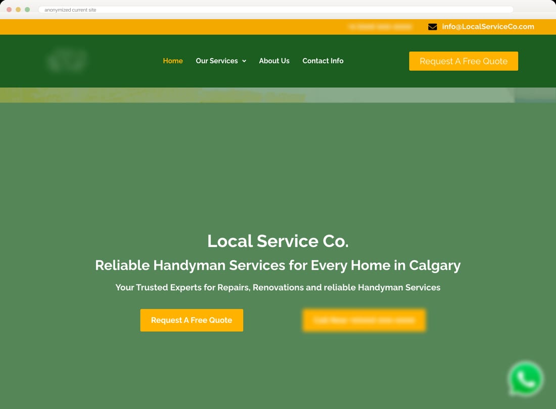 Anonymized current service-business homepage with quote and call actions