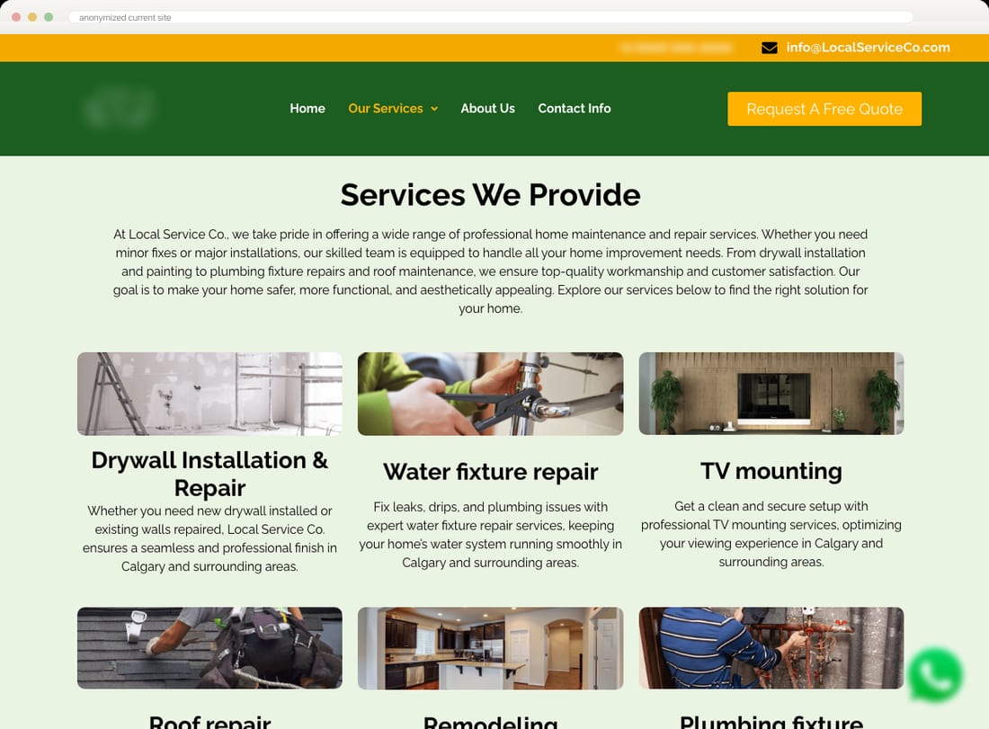 Anonymized current services page showing a grid of service categories