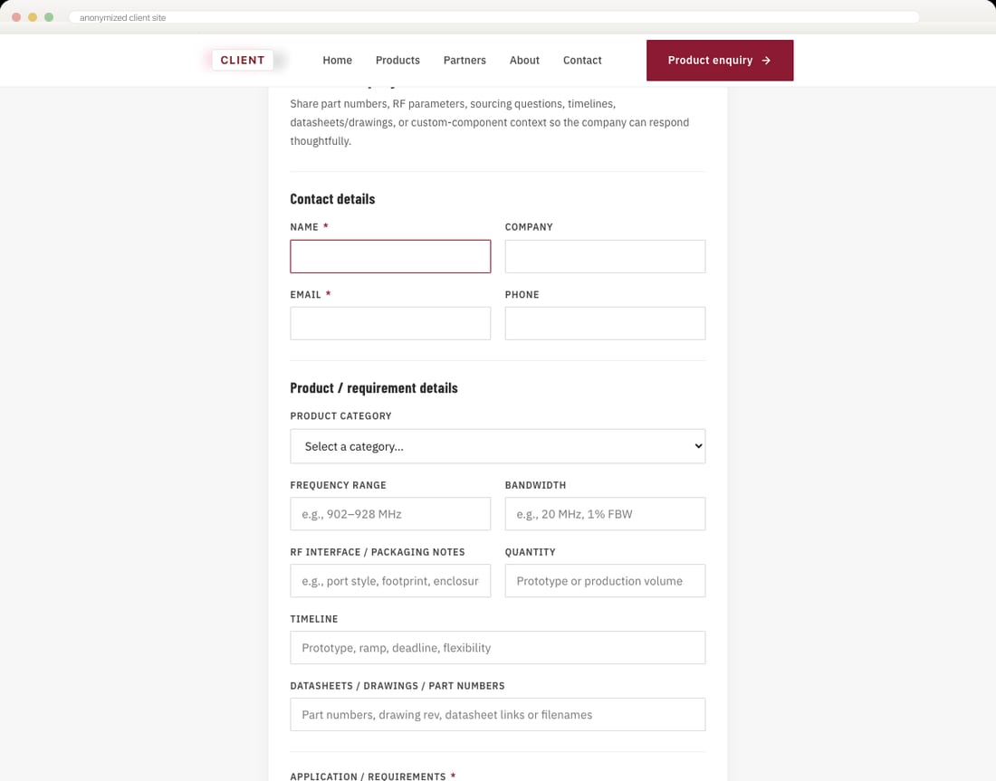 Anonymized structured product enquiry form from the completed redesign