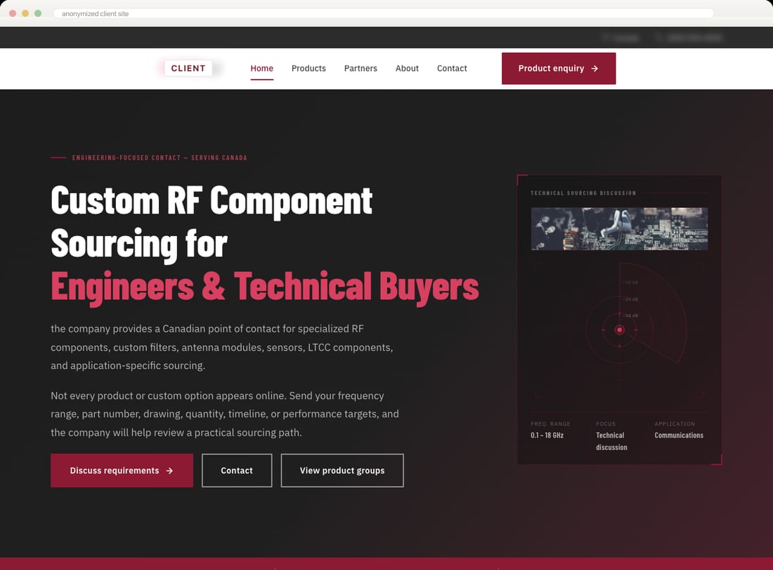 Anonymized redesigned desktop homepage with clearer hierarchy and enquiry actions