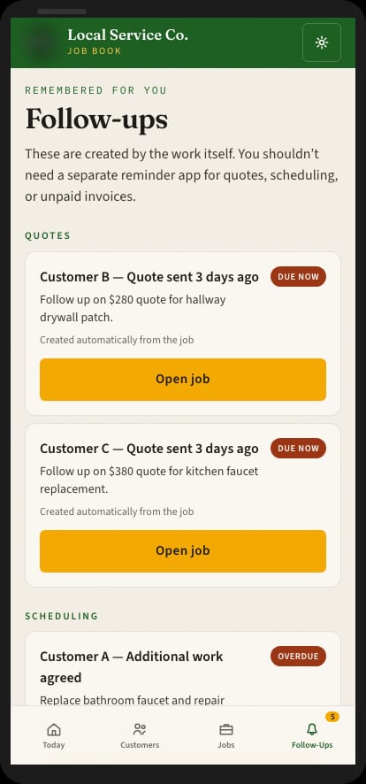 Proposal mockup of a follow-ups screen for quotes, scheduling, and payments