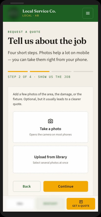 Proposal mockup of a mobile quote request step for uploading job photos