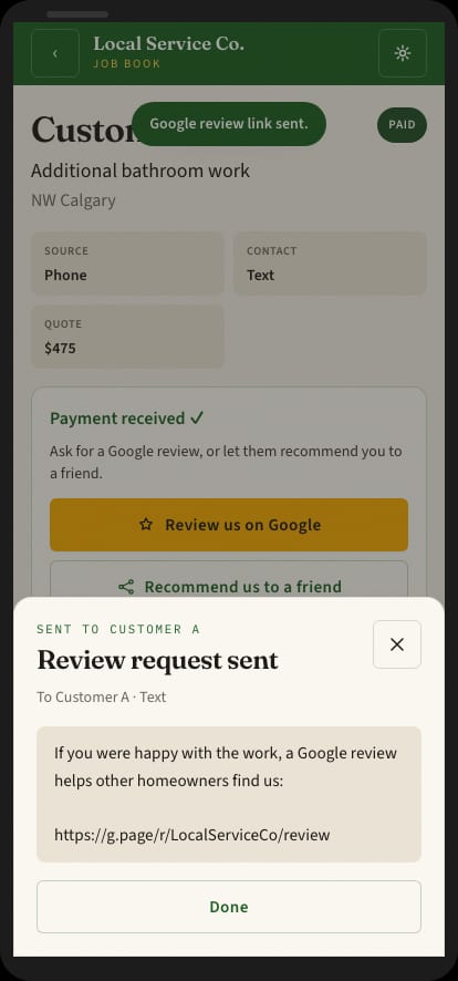 Proposal mockup of a review and referral prompt after a completed paid job