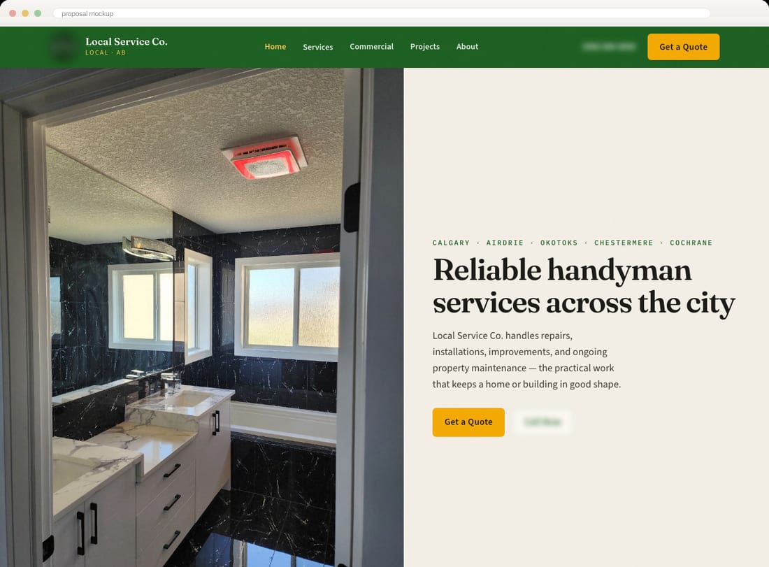 Proposal mockup of a clearer service-business homepage with a direct quote path